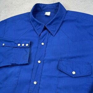 Vintage Malco Modes Western Shirt Mens 17.5 34 Blue Pearl Snap Cowboy‎ USA 70s